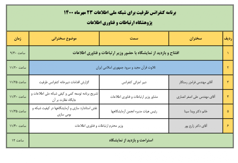 جدول برنامه‌های کنفرانس برای ظرفیت شبکه ملی اطلاعات، ۲۳ مهرماه ۱۴۰۰